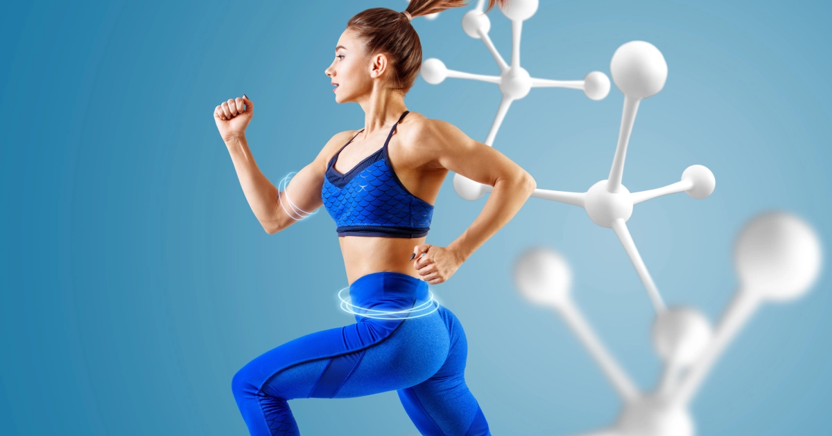 woman running in blue sportswear, symbolizing optimized performance and vitality after Peptide Therapy in Ville Platte, LA.
